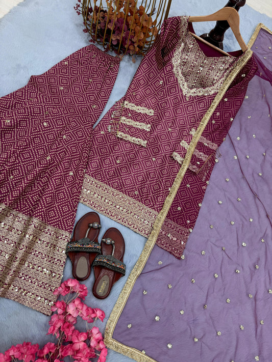 🦋 Đěsigner Party Wear & Festival Look Pur Printed Chinon Silk Top-Blouse & Palazzo With Dupatta set