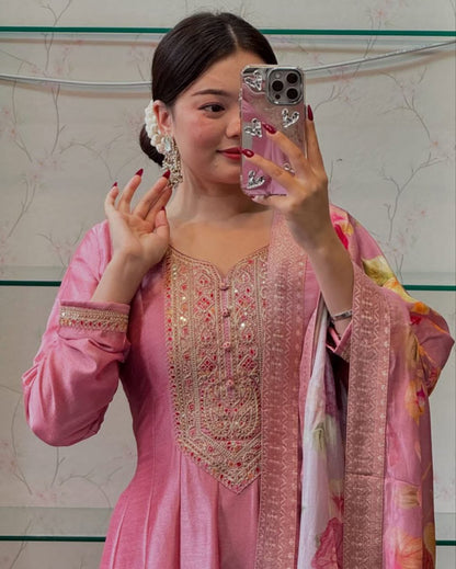 Most Magnificent Banana Silk Anarkali Style Suit Set