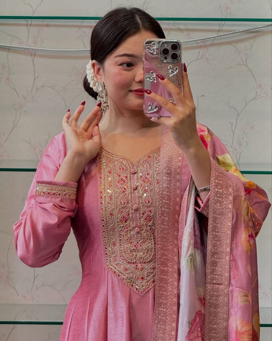 Most Magnificent Banana Silk Anarkali Style Suit Set