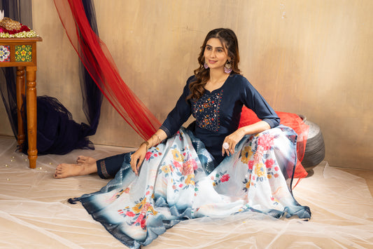 Stylish Navy Blue Kurti with Sky-Toned Floral Dupatta – Perfect for Celebrations