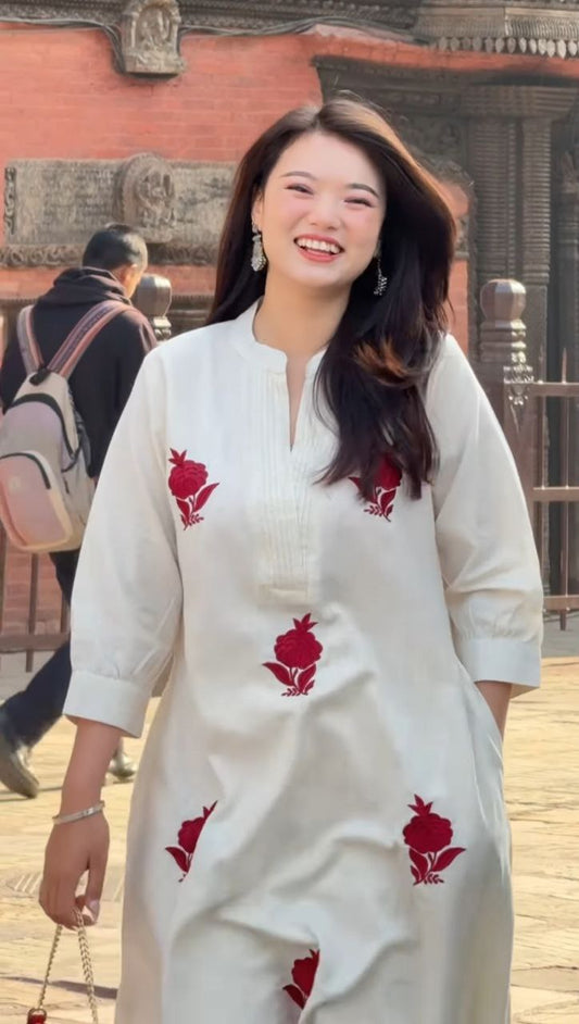 Stylish White Kurti with Red Floral Work