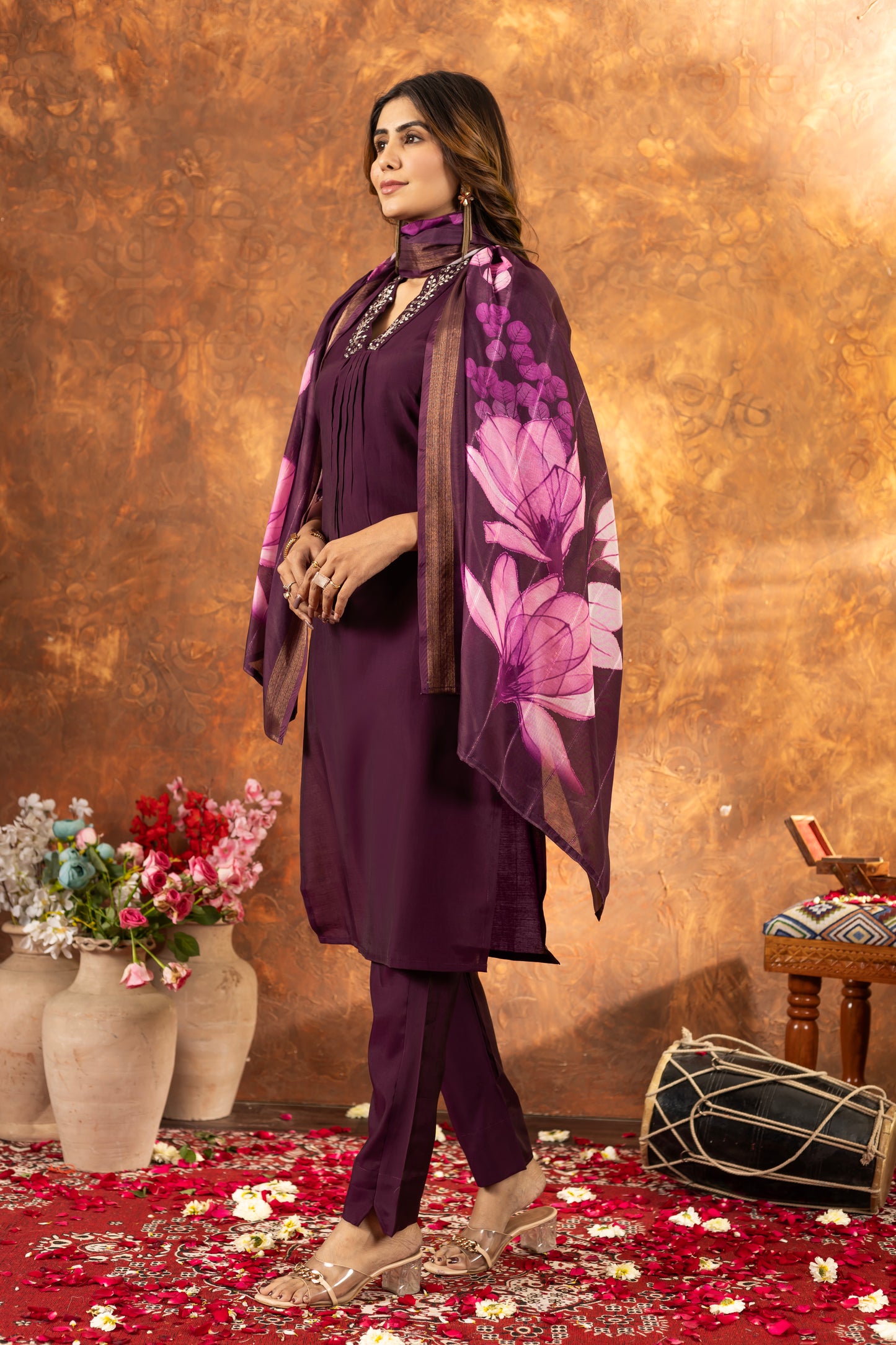 elegant wine kurti set with floral dupatta – perfect for every occasion