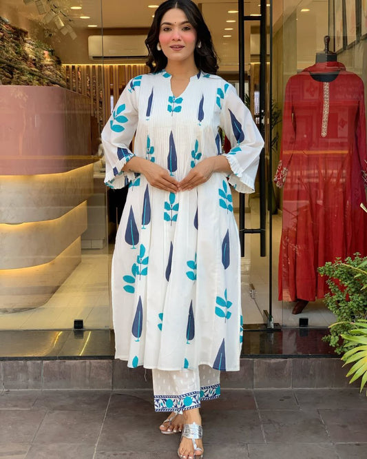 Elegant White & Blue Printed Kurti Set – Modern Ethnic Look