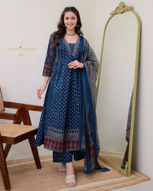MAL Cotton Kurti Plazo With Handwork Nack Dupatta Set
