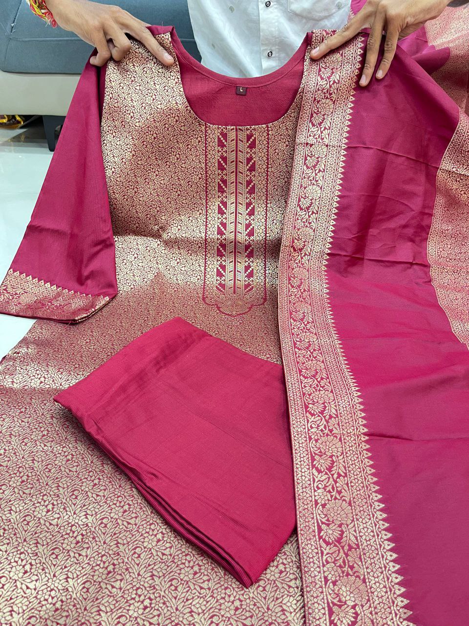 beautiful suit sets in pure banarasi suit set top pent with duppta with jcard wiving