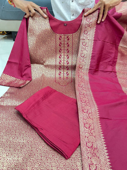 Beautiful Suit Sets in pure Banarasi Suit Set Top pent with duppta with jcard wiving