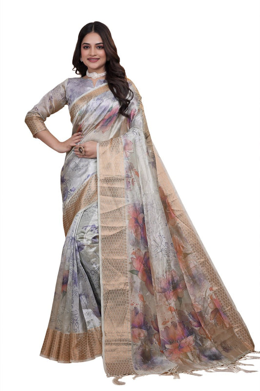 Elegant Beige Soft Silk Saree with Multicolor Floral Print & Golden Zari Border ( GG-505 )