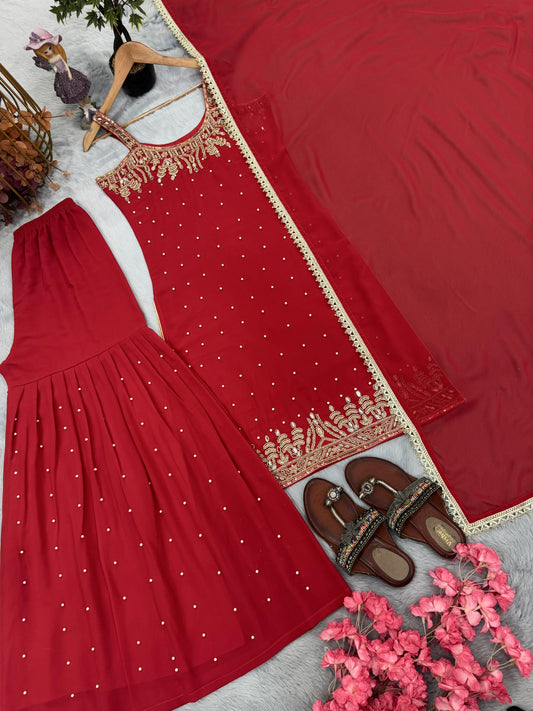 🦋 Đěsigner Party Wear Look Pur Heavy Faux Georgette Top Plazzo & Dupatta Set👗
