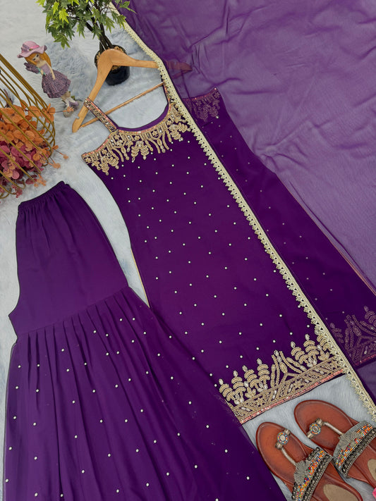 🦋 Đěsigner Party Wear Look Pur Heavy Faux Georgette Top Plazzo & Dupatta Set👗