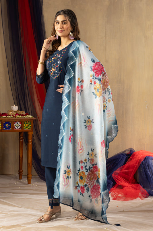 Stylish Navy Blue Kurti with Sky-Toned Floral Dupatta – Perfect for Celebrations