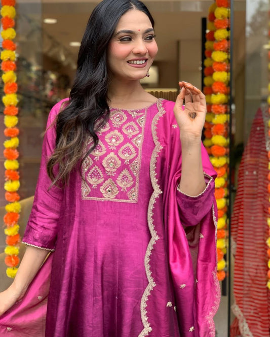 Royal Magenta Silk Anarkali Set with Embroidered Dupatta