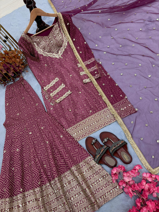 🦋 Đěsigner Party Wear & Festival Look Pur Printed Chinon Silk Top-Blouse & Palazzo With Dupatta set