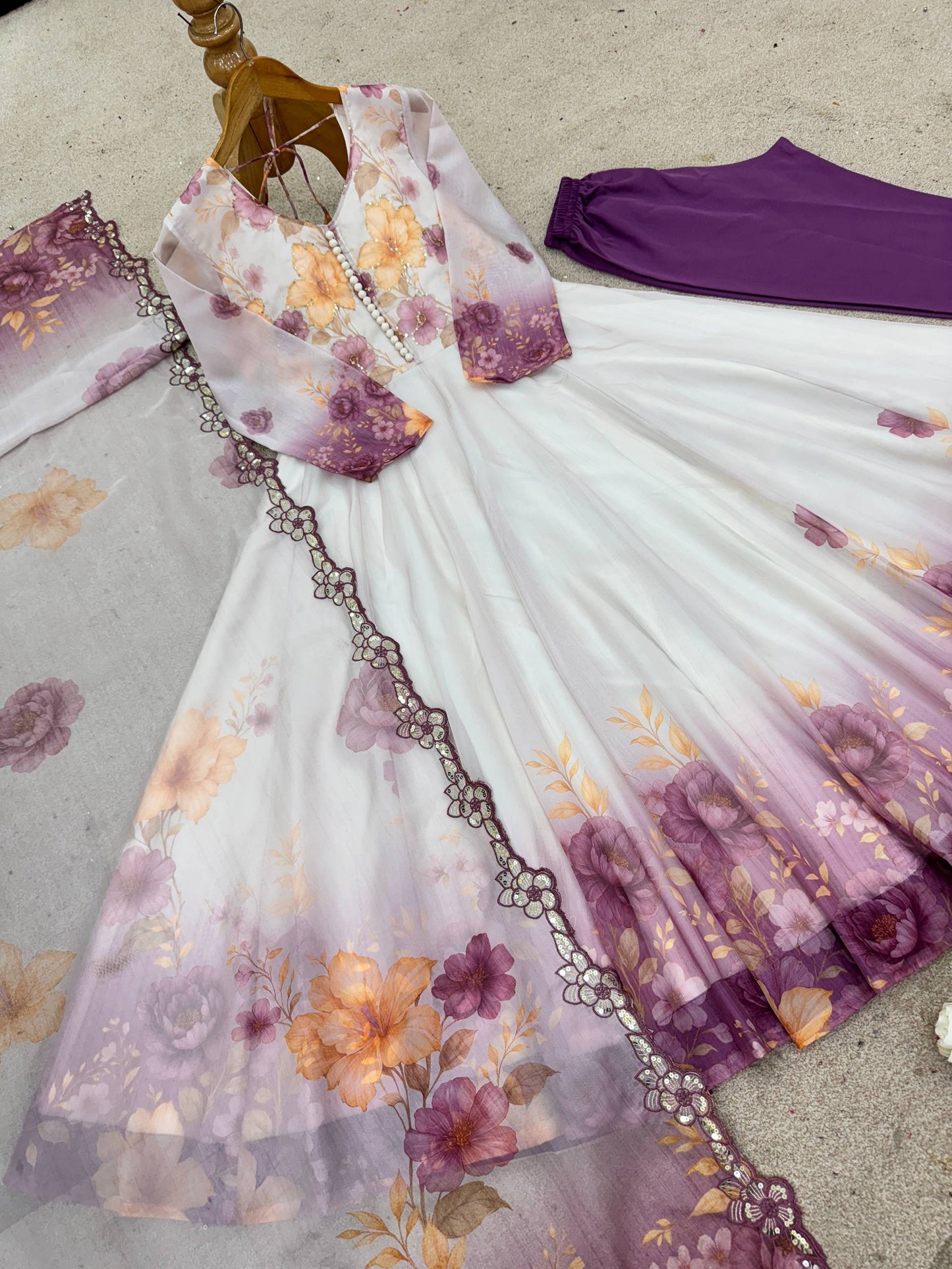 elegant floral printed anarkali kurti – white & lavender ombre design