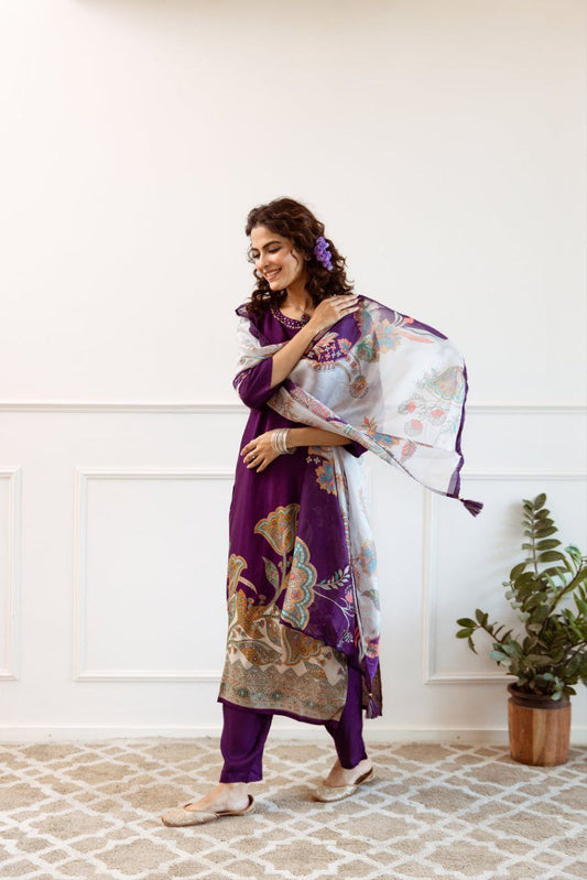 Stylish Purple Kurti with Printed Dupatta – Festive Collection