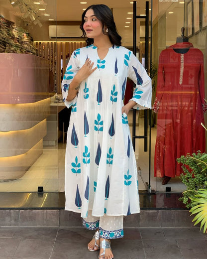 Elegant White & Blue Printed Kurti Set – Modern Ethnic Look