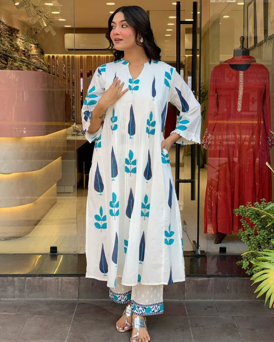 Elegant White & Blue Printed Kurti Set – Modern Ethnic Look