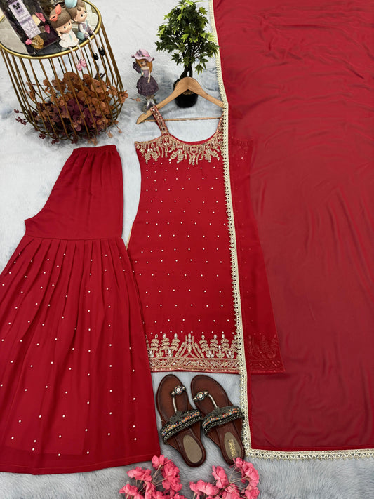 🦋 Đěsigner Party Wear Look Pur Heavy Faux Georgette Top Plazzo & Dupatta Set👗
