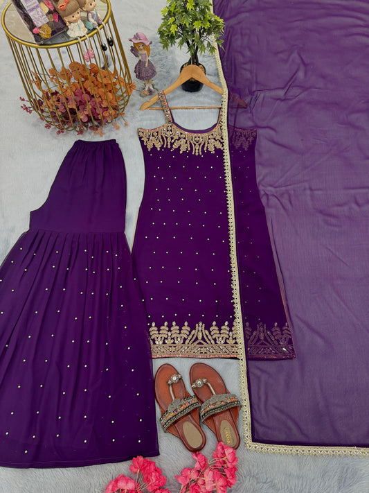 🦋 Đěsigner Party Wear Look Pur Heavy Faux Georgette Top Plazzo & Dupatta Set👗
