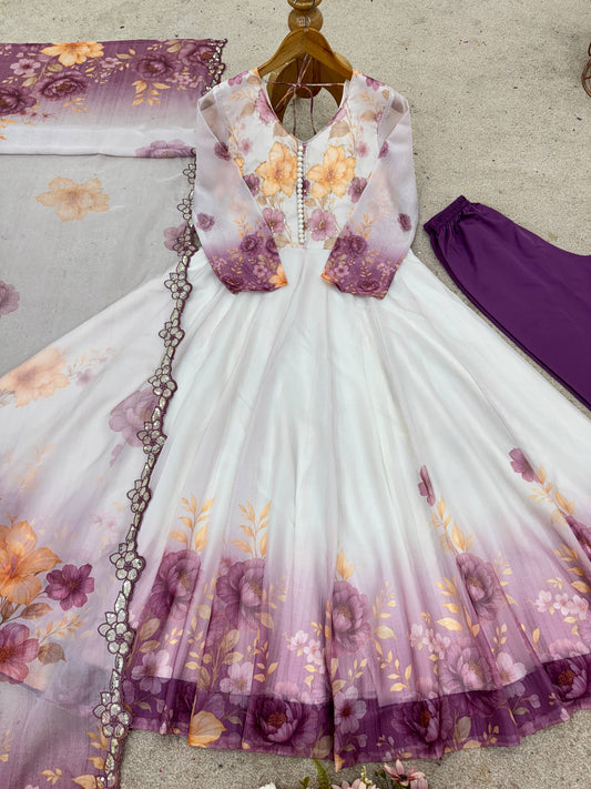Elegant Floral Printed Anarkali Kurti – White & Lavender Ombre Design