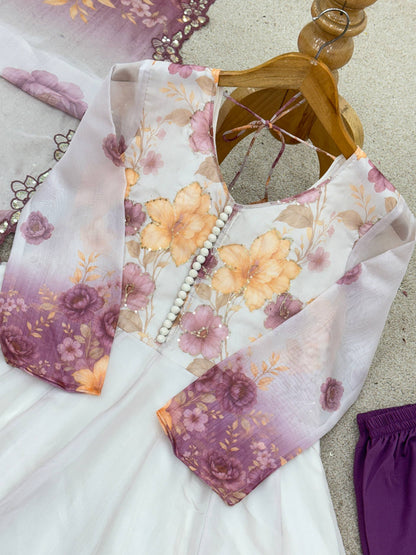 Elegant Floral Printed Anarkali Kurti – White & Lavender Ombre Design