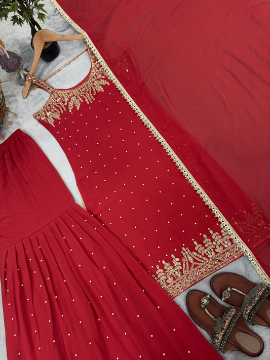 🦋 Đěsigner Party Wear Look Pur Heavy Faux Georgette Top Plazzo & Dupatta Set👗