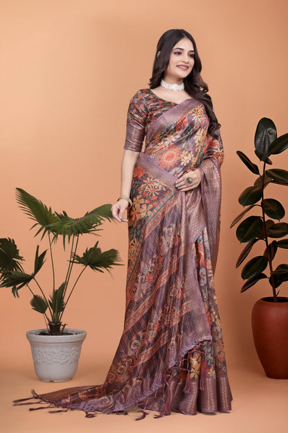 Lavender Soft Silk Saree with Copper Zari Border & Floral Pallu ( GG-512 )