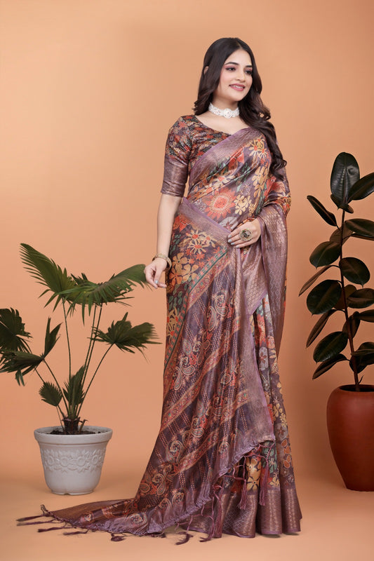 Lavender Soft Silk Saree with Copper Zari Border & Floral Pallu ( GG-512 )