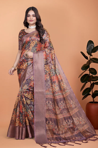 Lavender Soft Silk Saree with Copper Zari Border & Floral Pallu ( GG-512 )