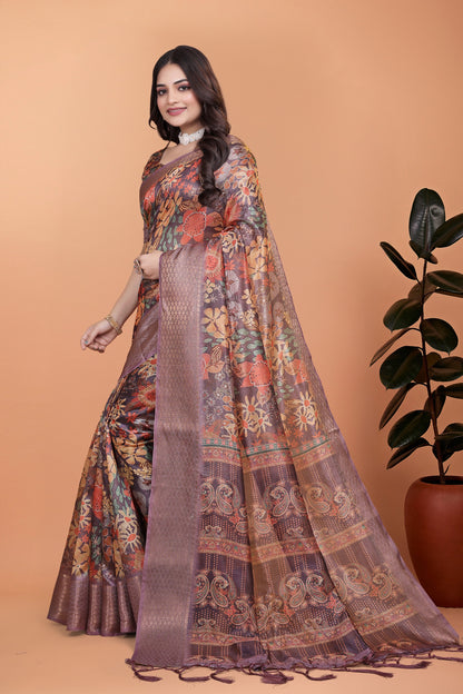 Lavender Soft Silk Saree with Copper Zari Border & Floral Pallu ( GG-512 )