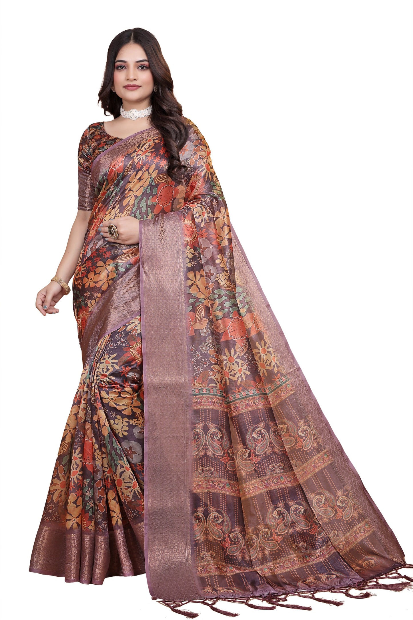 lavender soft silk saree with copper zari border & floral pallu ( gg-512 )
