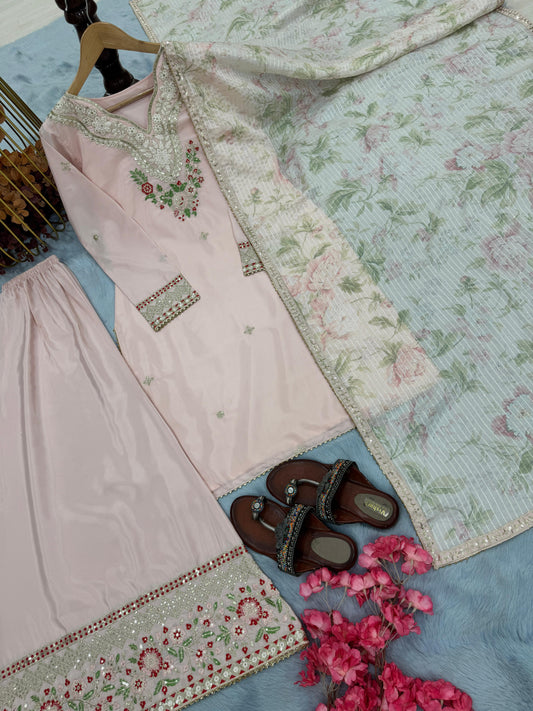 💃 Đěsigner Party Wear Look Pur Natural Crepe Top & Palazzo With Dupatta set