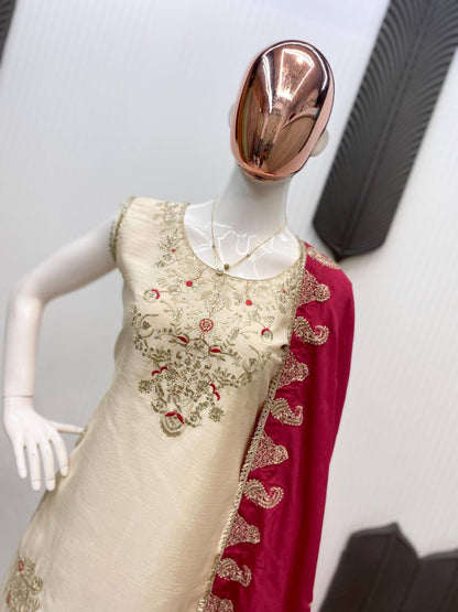 DESIGNER AND ELEGANCE SARARA SUIT IN THREE PIECE WITH SEQUENCE EMBROIDERY WORK