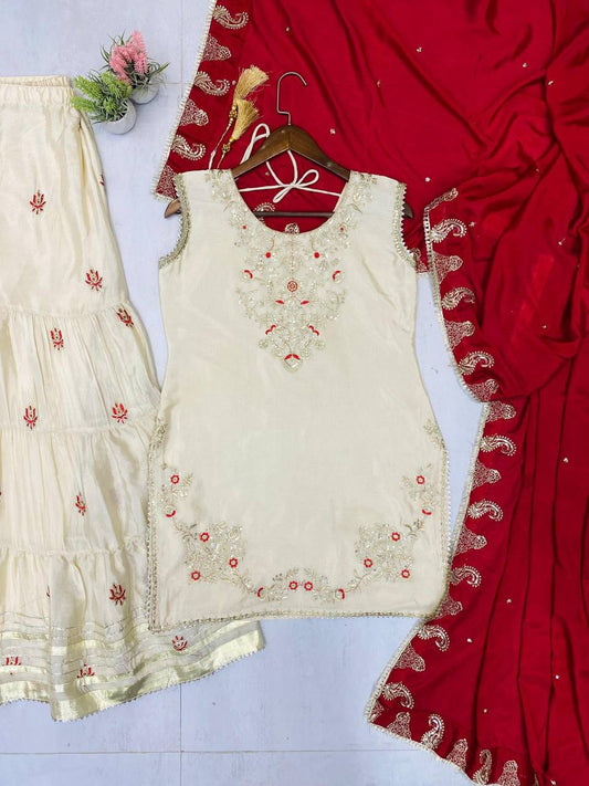 DESIGNER AND ELEGANCE SARARA SUIT IN THREE PIECE WITH SEQUENCE EMBROIDERY WORK