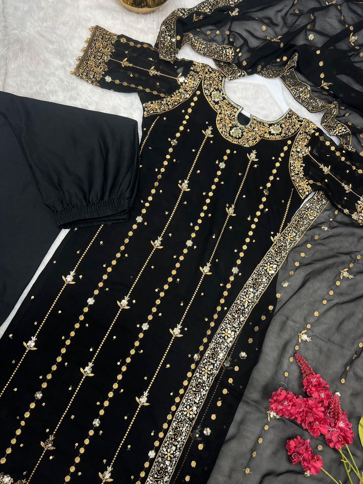 premium collection with embroidery and sequence worked top-bottom and dupatta set fully stitched ready to wear 🔥