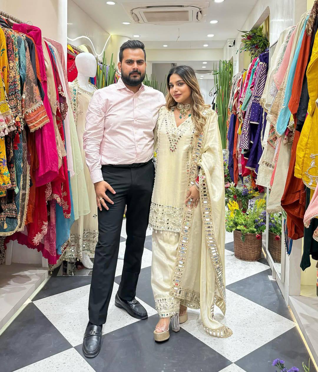 3 piece plazzo pair with   dupatta in embroidery and real mirror work