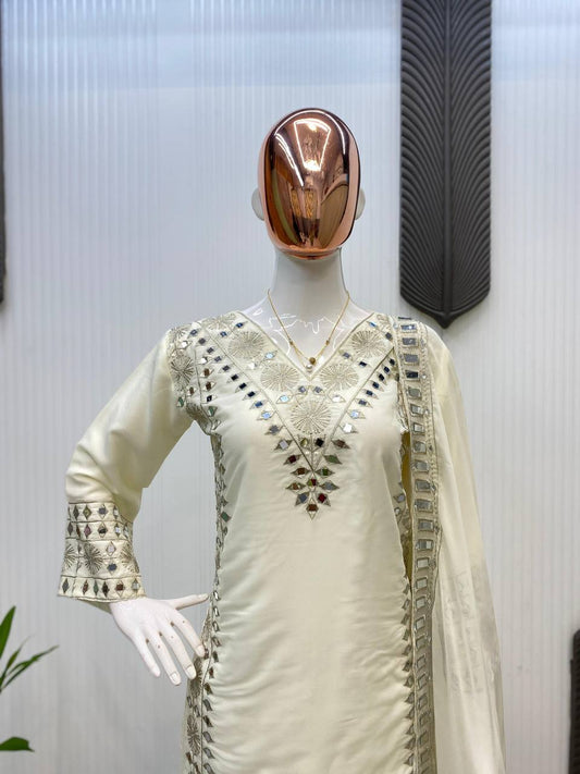 3 PIECE PLAZZO PAIR WITH   DUPATTA IN EMBROIDERY AND REAL MIRROR WORK