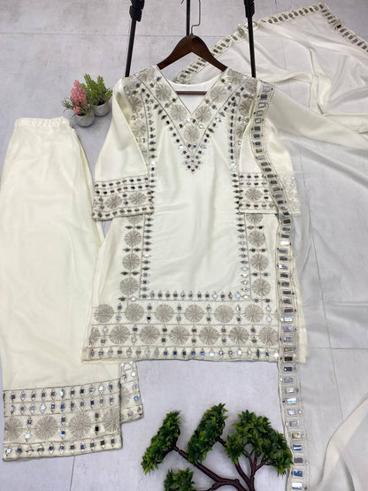 3 PIECE PLAZZO PAIR WITH   DUPATTA IN EMBROIDERY AND REAL MIRROR WORK