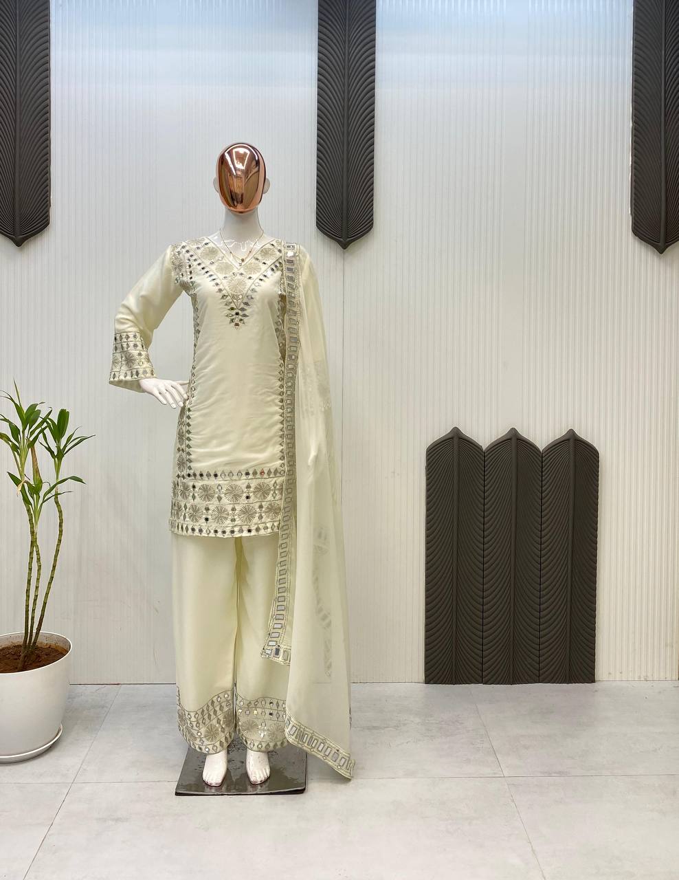 3 piece plazzo pair with   dupatta in embroidery and real mirror work