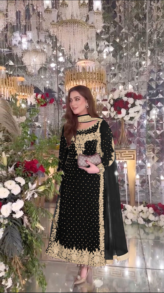 Party Wear Viscose Velvet Designer  Look Top-Dupatta and Fully Stiched Bottom With Heavy Embroidery Siquance Work