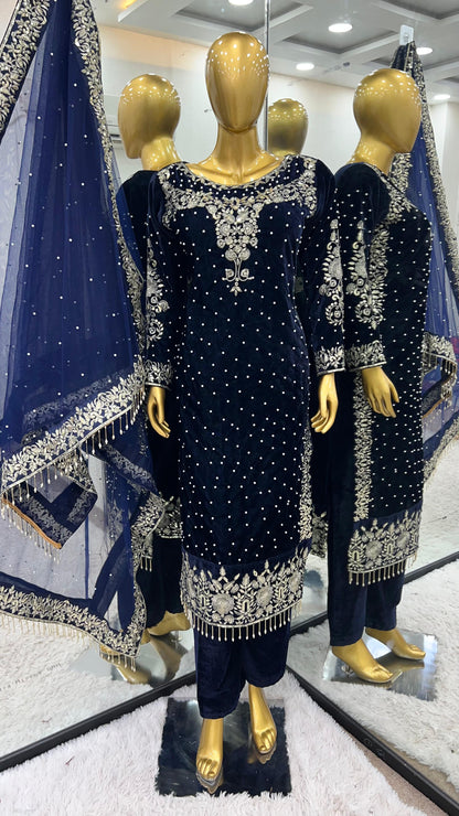 Party Wear Viscose Velvet Designer  Look Top-Dupatta and Fully Stiched Bottom With Heavy Embroidery Siquance Work