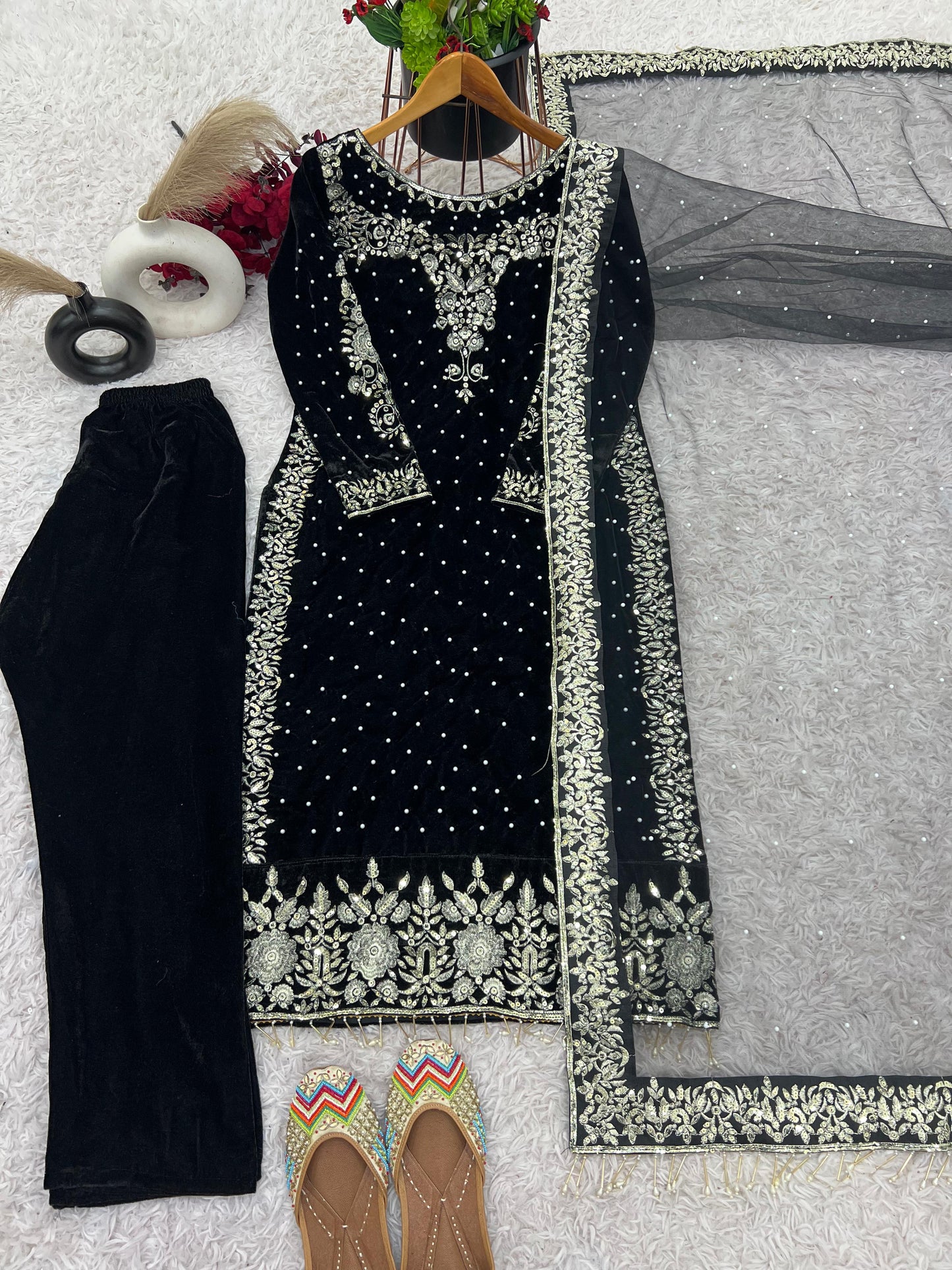 party wear viscose velvet designer  look top-dupatta and fully stiched bottom with heavy embroidery siquance work