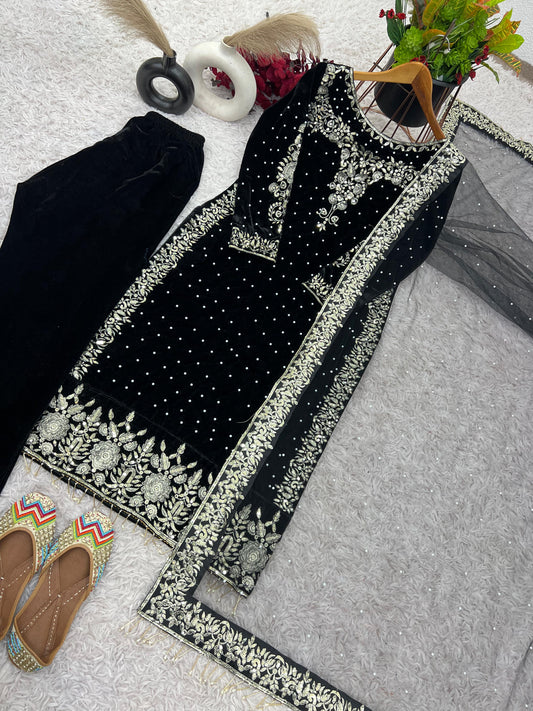 Party Wear Viscose Velvet Designer  Look Top-Dupatta and Fully Stiched Bottom With Heavy Embroidery Siquance Work