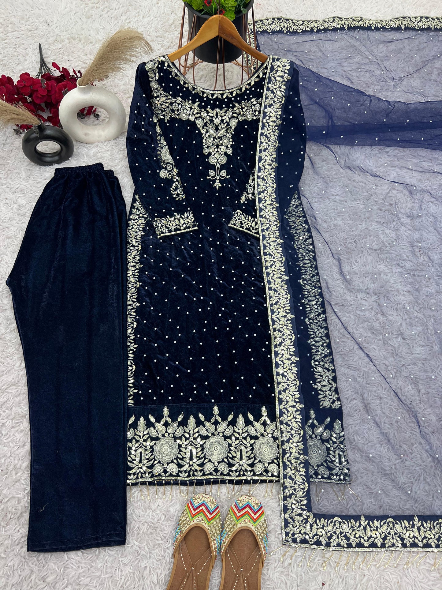 party wear viscose velvet designer  look top-dupatta and fully stiched bottom with heavy embroidery siquance work