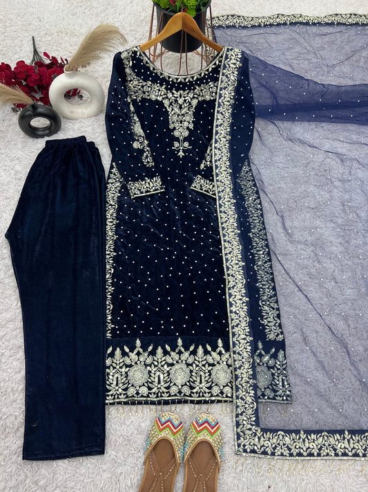 Party Wear Viscose Velvet Designer  Look Top-Dupatta and Fully Stiched Bottom With Heavy Embroidery Siquance Work