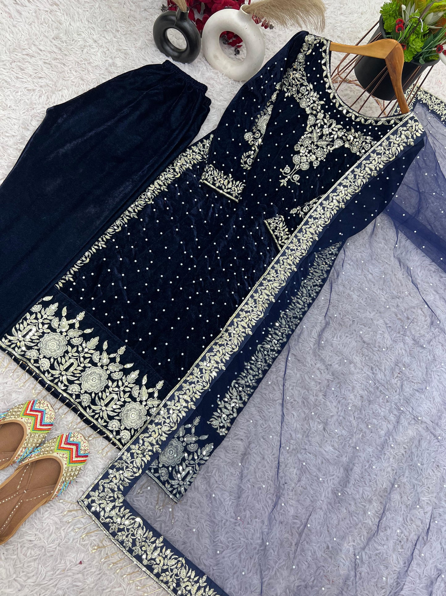 party wear viscose velvet designer  look top-dupatta and fully stiched bottom with heavy embroidery siquance work