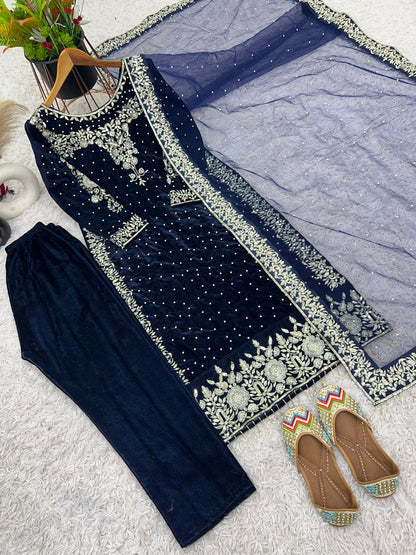 Party Wear Viscose Velvet Designer  Look Top-Dupatta and Fully Stiched Bottom With Heavy Embroidery Siquance Work