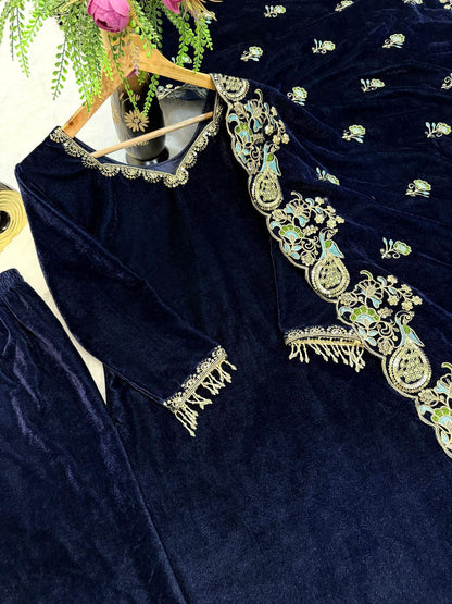 New Party Wear Viscose Velvet Designer  Look Top-Dupatta and Fully Stiched Bottom With Heavy Embroidery Siquance Work