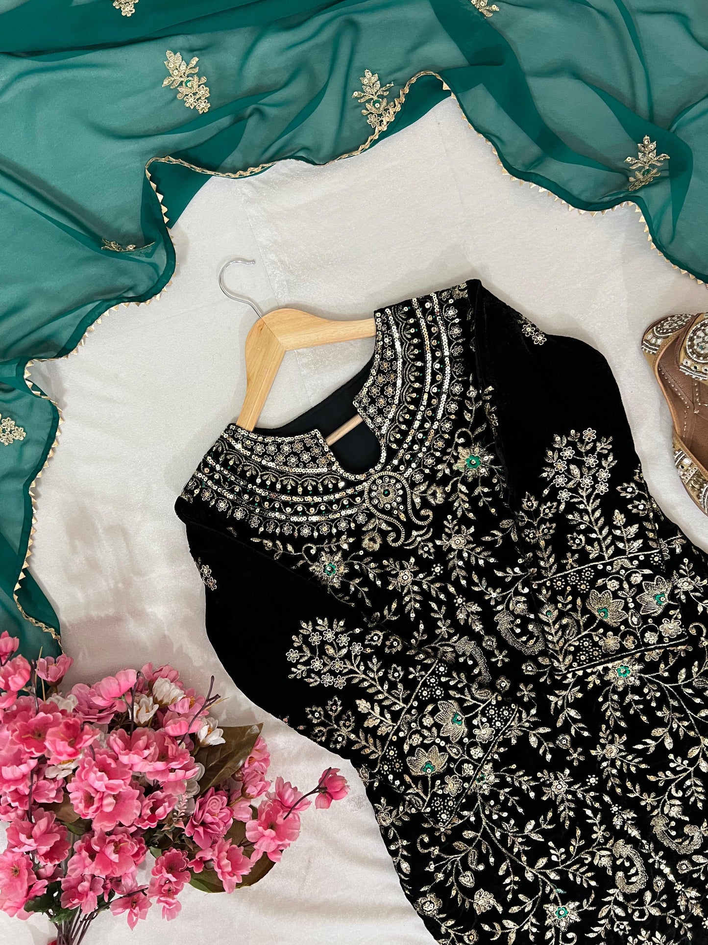 enhance the beauty of your wardrobe with this newly launched velvet kurti-plazzo set