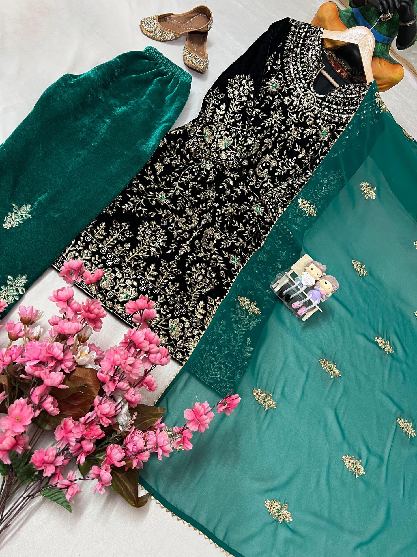 enhance the beauty of your wardrobe with this newly launched velvet kurti-plazzo set