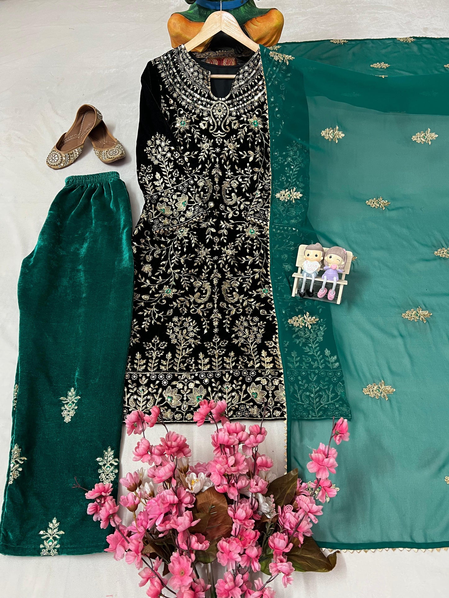 enhance the beauty of your wardrobe with this newly launched velvet kurti-plazzo set